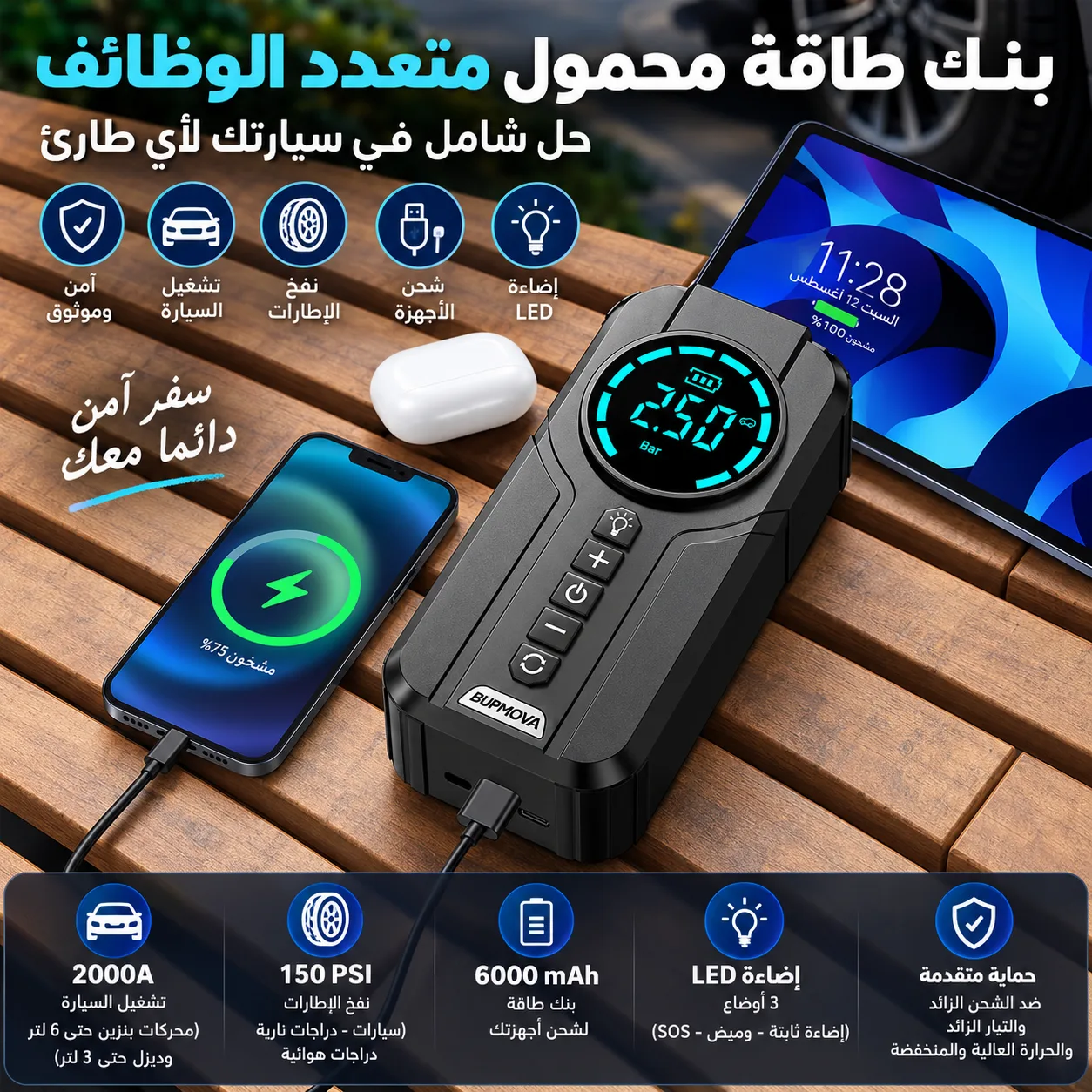 رفيقك المثالي في الطريق: تشغيل السيارة، نفخ العجلات وشحن الهاتف